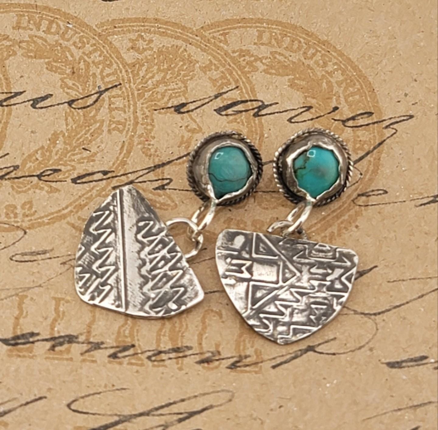 TURQUOISE BOHEMIAN EARRINGS handmade in .925 sterling silver metal embossed with tribal designs