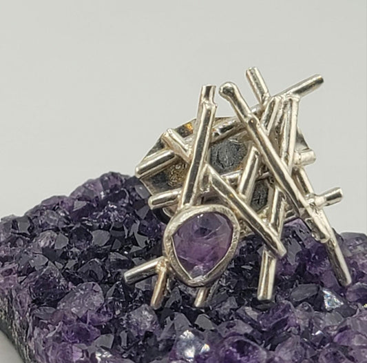 AMETHYST GEOMETRIC STATEMENT ring handmade in Sterling Silver metal size 8.5