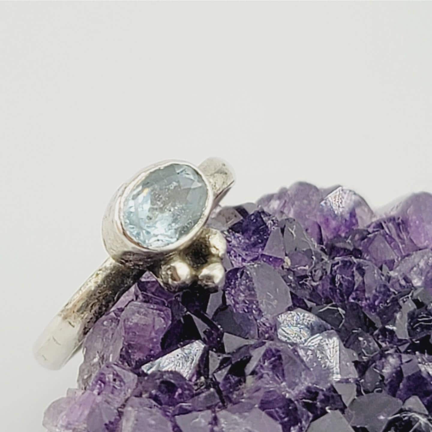 AQUAMARINE PRINCESS RING handmade in Sterling Silver metal rose cut gemstone size 6.5