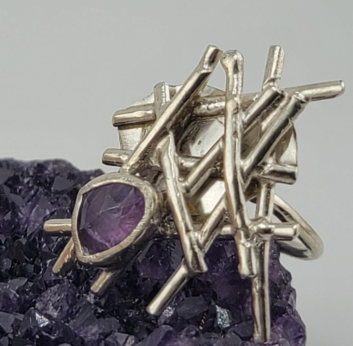 AMETHYST GEOMETRIC STATEMENT ring handmade in Sterling Silver metal size 8.5