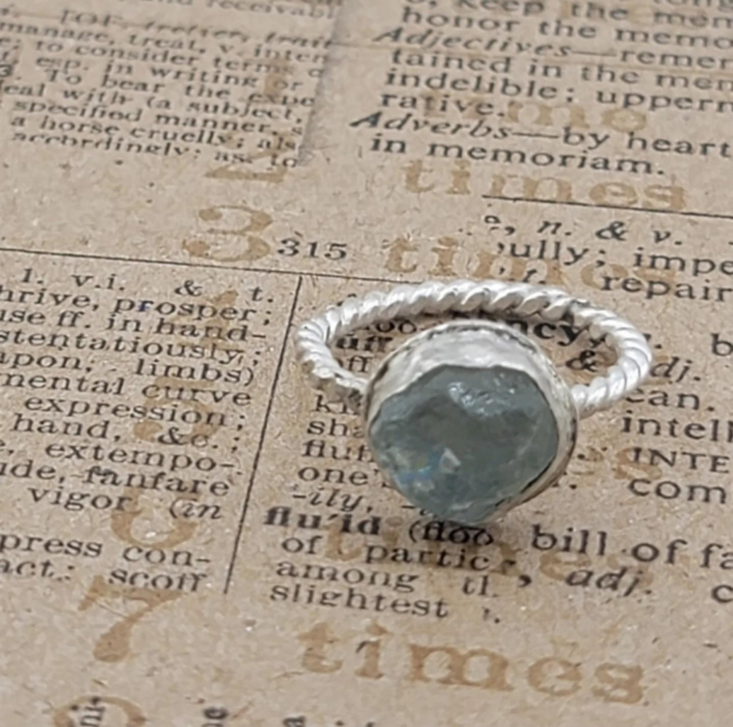 RAW AQUAMARINE RING with a twisted ring band handmade in .925 sterling silver metal size 7