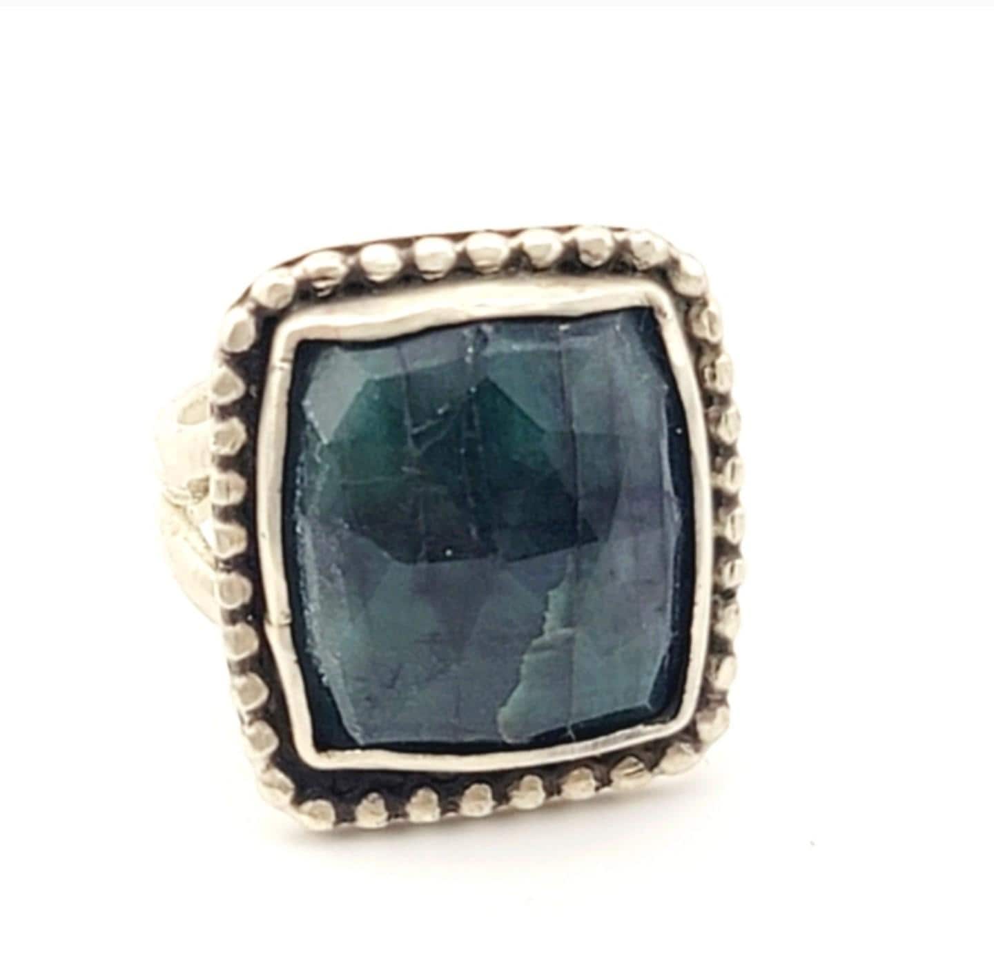 Emerald square nature rose-cut gemstone ring handmade in .925 sterling silver metal