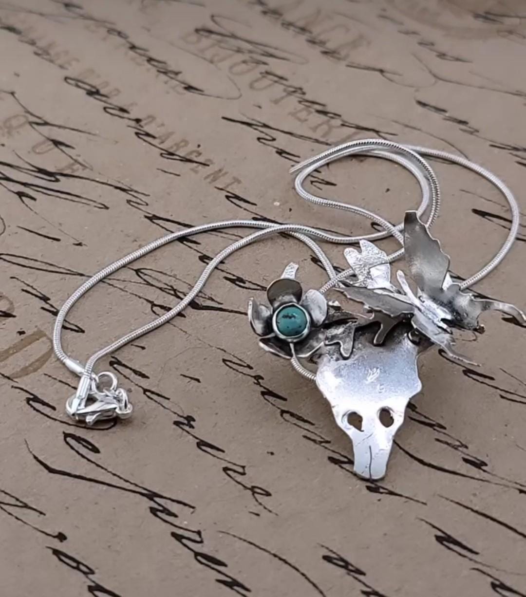 TURQUOISE skull pendant in Sterling Silver handcrafted