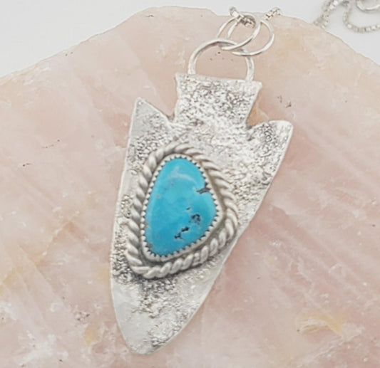 TURQUOISE ARROWHEAD PENDANT handmade in .925 sterling silver metal hammered for texture with sterling silver chain approx 18" of length