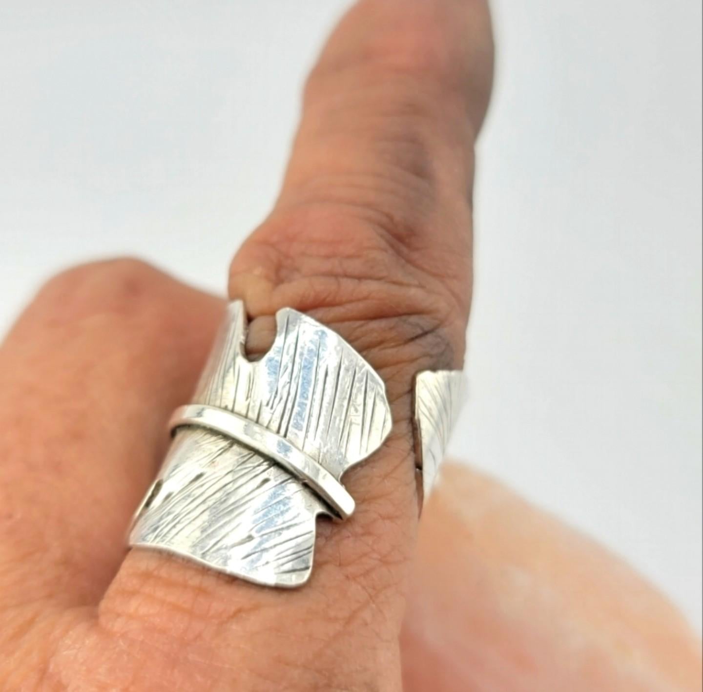 FEATHER RING ADJUSTABLE size embossed design handmade in Sterling Silver metal