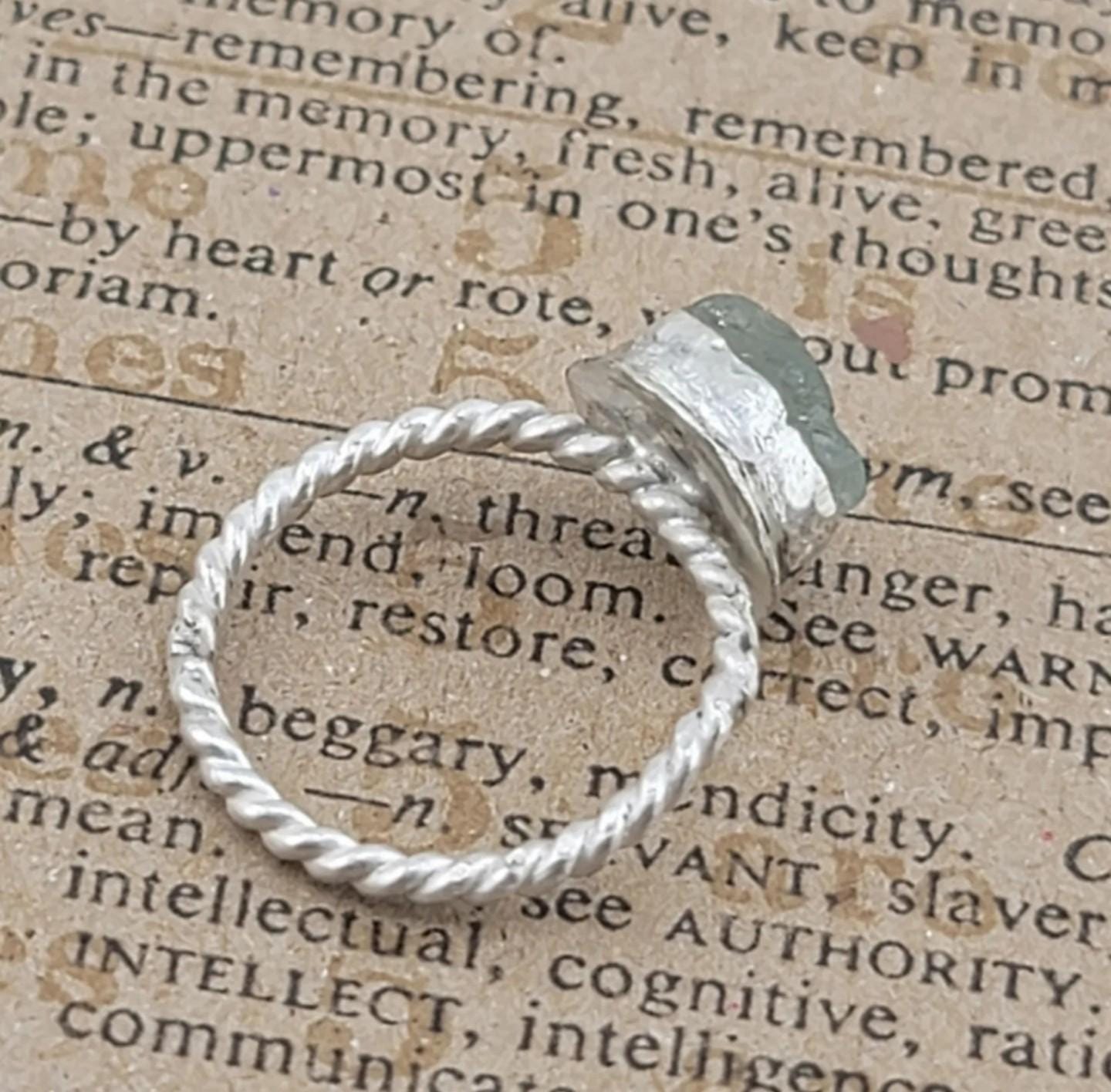 RAW AQUAMARINE RING with a twisted ring band handmade in .925 sterling silver metal size 7