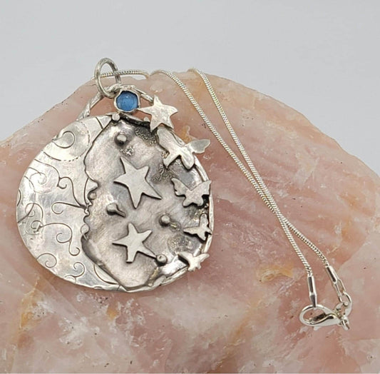 BLUE KYANITE MOON pendant with stars and butterflies handmade in Sterling Silver metal size about 2 inches around