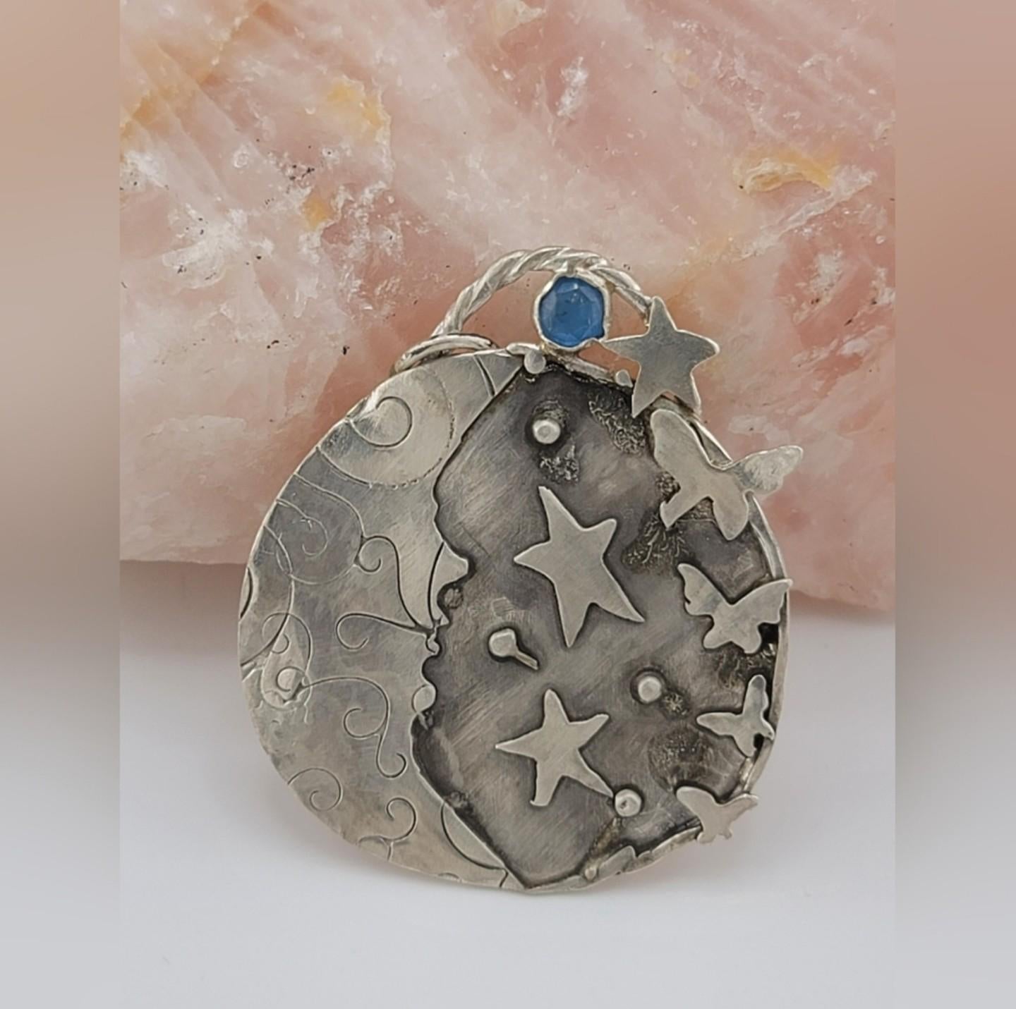 BLUE KYANITE MOON pendant with stars and butterflies handmade in Sterling Silver metal size about 2 inches around