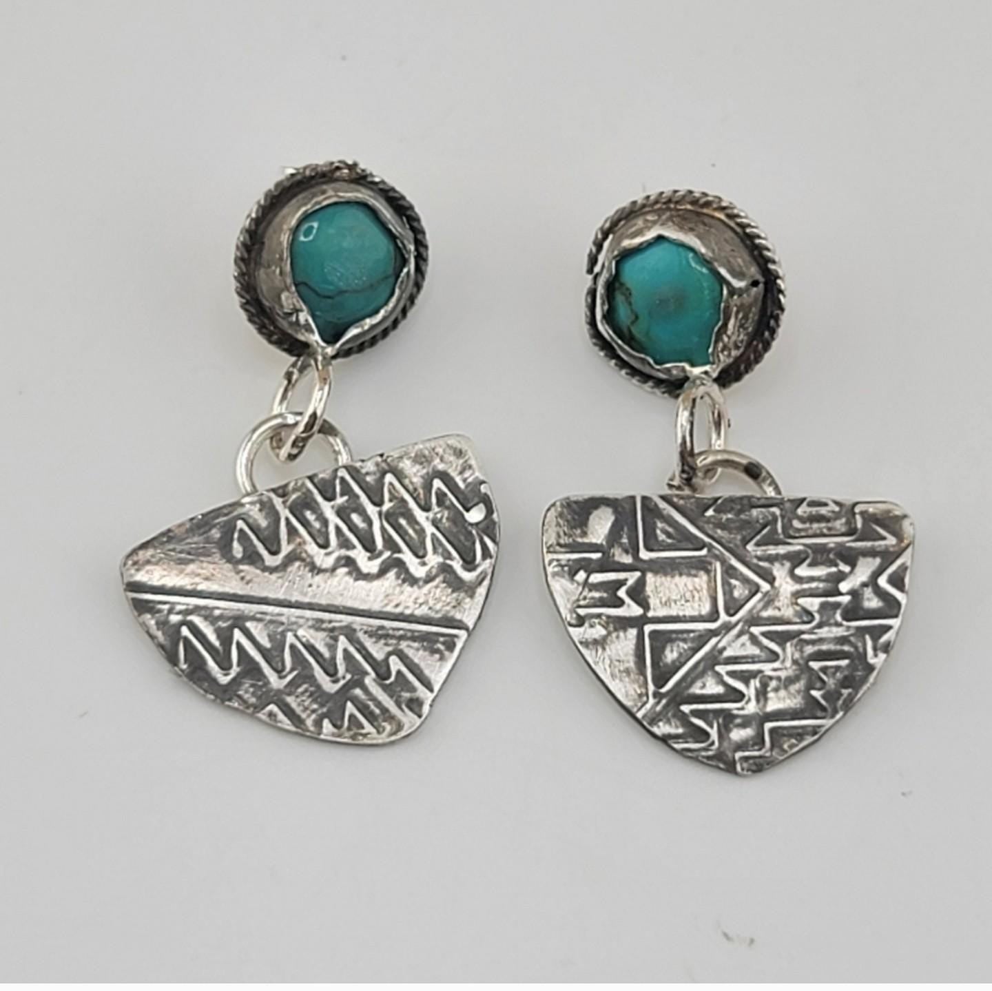 TURQUOISE BOHEMIAN EARRINGS handmade in .925 sterling silver metal embossed with tribal designs