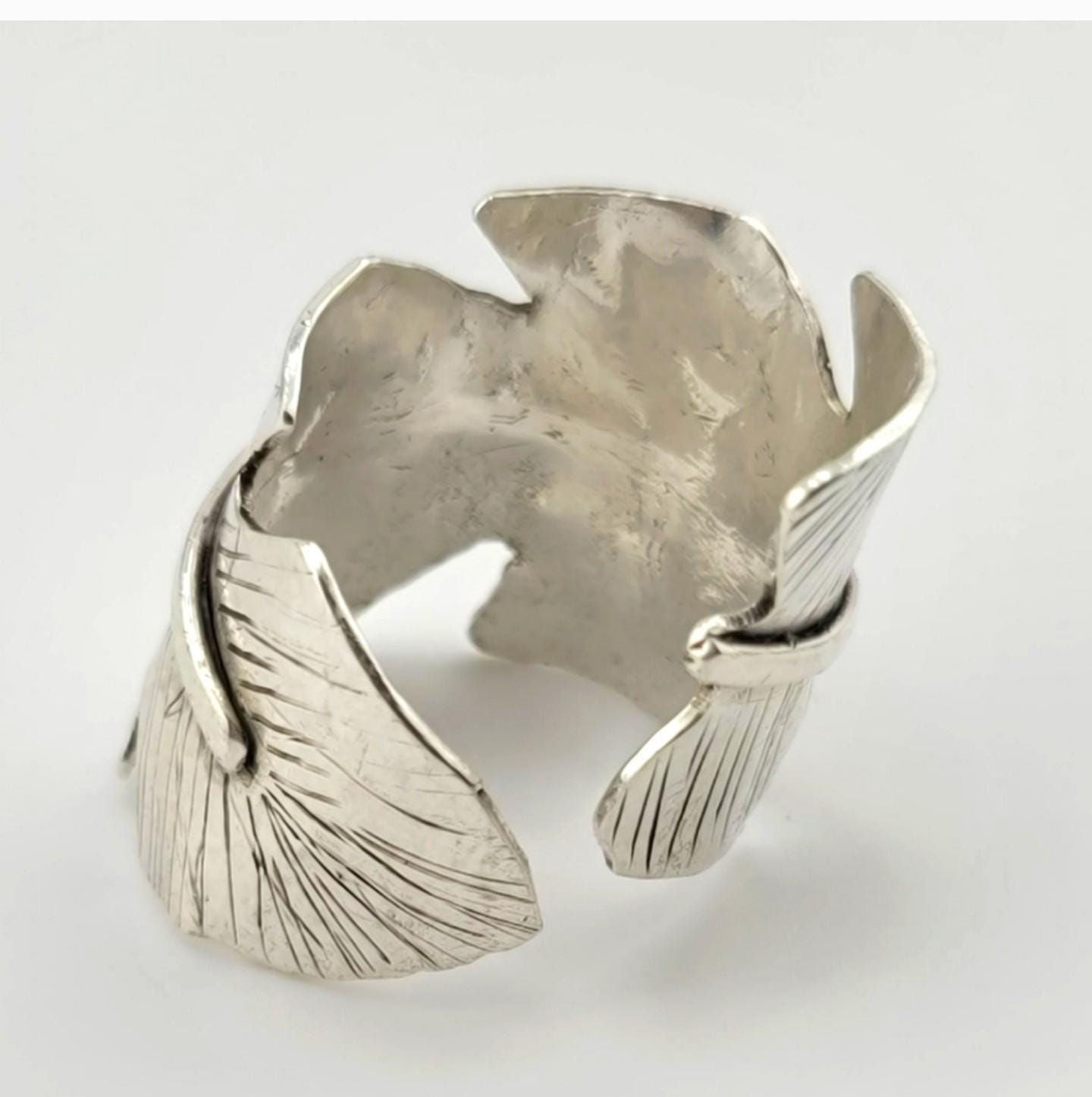 FEATHER RING ADJUSTABLE size embossed design handmade in Sterling Silver metal